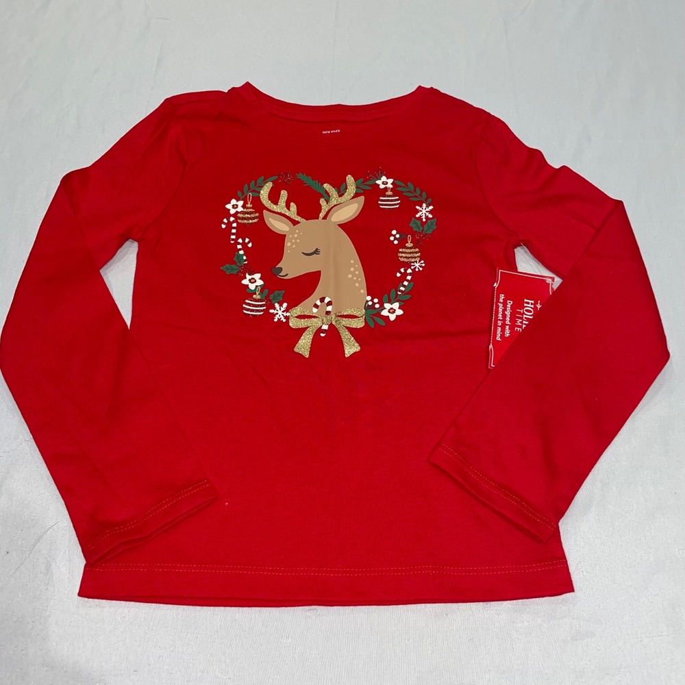 Holiday Time Kids Red Reindeer Wreath Long Sleeve Graphic T-Shirt XS 4-5 NWT